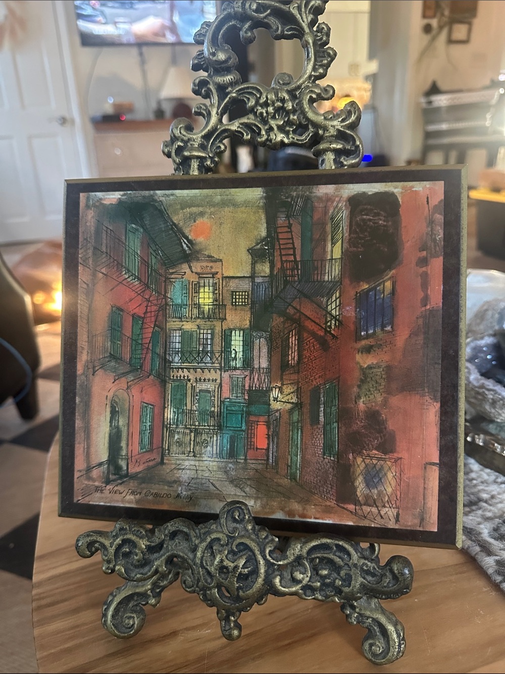 Vintage MCM New Orleans Cabildo Alley print on wood plaque gold edges scratches